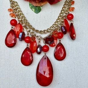 You & I Red Statement Necklace Gold Tone Chain with Faceted Teardrop Stones